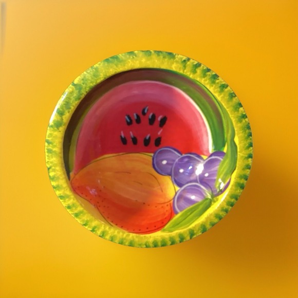 Hand Painted Folk Art Wooden Bowl Painted w/ Fruit Motif - 4.25" Colorful Decor - Picture 2 of 3